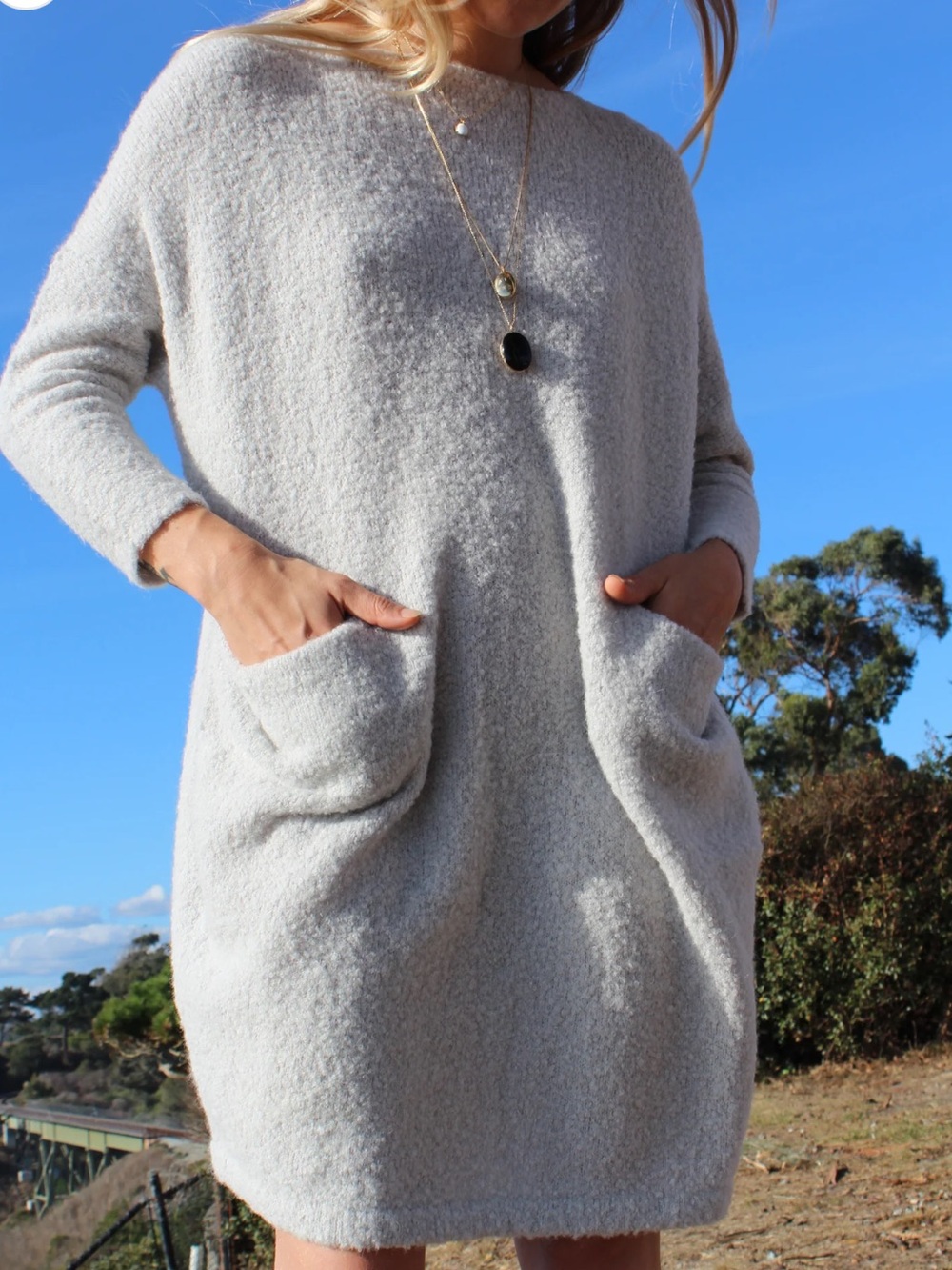 Lauren Manoogian Trapezoid Alpaca Light Gray Bouclé Long-Sleeve Sweater Dress M